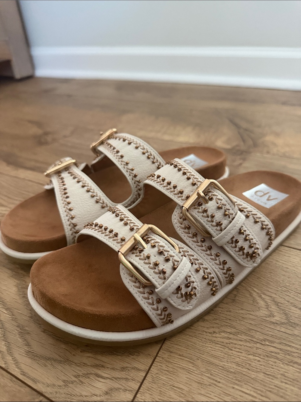 Women’s Cream Embellished Double-Buckle Dolce Vita Slide Sandals